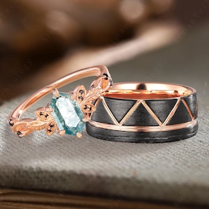 Hexagon Moss Agate Couples Ring Rose Gold Matching Ring Set Leaf Cluster Black Onyx Engagement Ring His and Hers Wedding Band Men Ring Gifts
