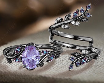 Fireworks Cut Alexandrite Engagement Ring Gothic Black Gold Oval Shape Propose Promise Ring Unique Twig Stack Wedding Band Personalized Gift
