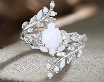 Vintage Pear Opal Engagement Ring Set 14K Black Gold Vine Leaf Stacking Bridal Gift Set Unique Cluster Moissanite Half Eternity Wedding Band