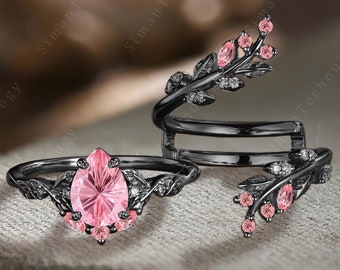Vintage Pear Firework Cut Pink Sapphire Engagement Ring Set Black Gold Nature Inspired Propose Promise Ring Art Deco Leaf Stack Wedding Band