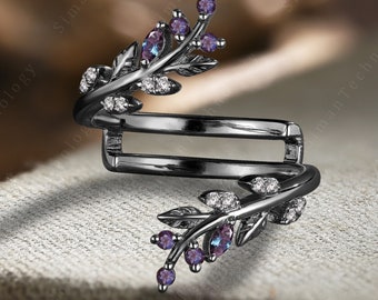 Unique Curved Open Alexandrite Wedding Ring Black Gold Leaf Moissanite Enhance Ring Gothic Stackable Bridal Band Anniversary Gifts for Her
