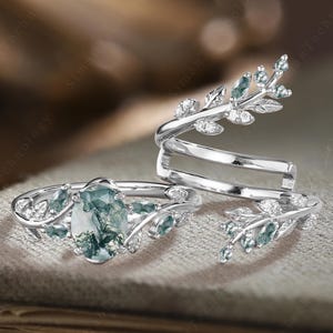 Oval Moss Agate Engagement Ring Art Deco White Gold Leaf Bridal Promise Set Unique Nature Inspired Twig branch Wedding Band Anniversary Gift