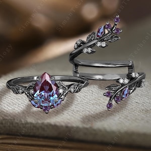 Anello di fidanzamento con alessandrite taglio a pera gotico in oro nero 10K/14K. Anello unico con foglia e ramoscello, per matrimonio, regalo di anniversario.