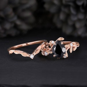 Unique Pear Cut Black Onyx Leaves Engagement Ring Set, Vintage Floral  Wedding Ring Set, Leaf Rose Gold Diamond Band Set,  Anniversary Gift