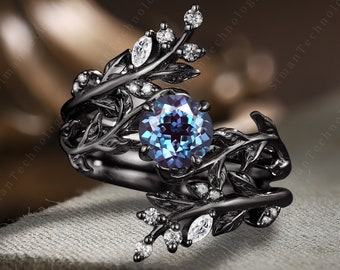 Vintage Black Gold Alexandrite Leaf Engagement Ring Set Gothic