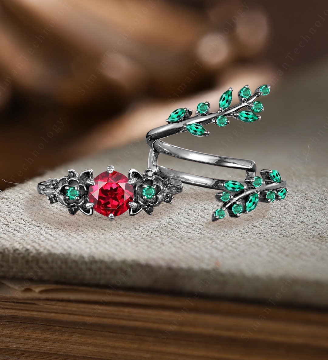 Floral Round Cut Ruby Engagement Ring Set Black Gold Cluster Emerald ...