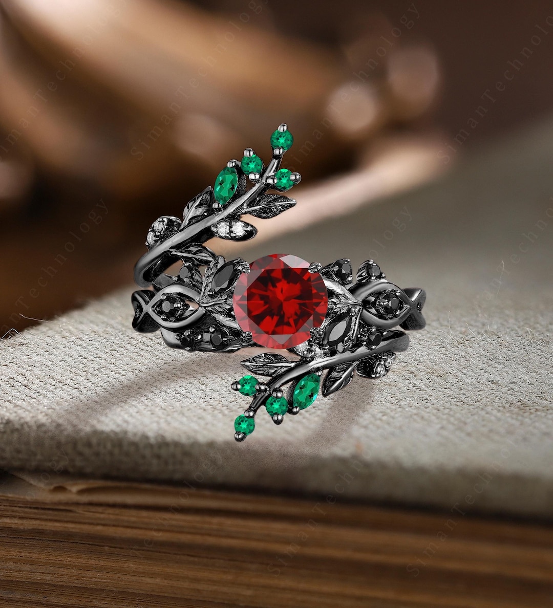 Unique Vine Leaf Round Cut Ruby Engagement Ring Set Gothic 14k Black ...