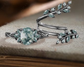 Oval cut moss agate bridal promise ring set Black gold nature inspired twist floral engagement ring Art deco leaf twig enhance wedding band
