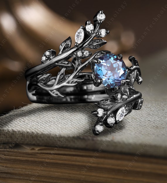 Vintage Black Gold Alexandrite Leaf Engagement Ring Set Gothic