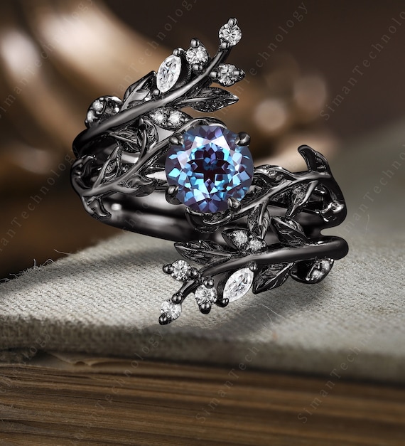 Vintage Black Gold Alexandrite Leaf Engagement Ring Set Gothic