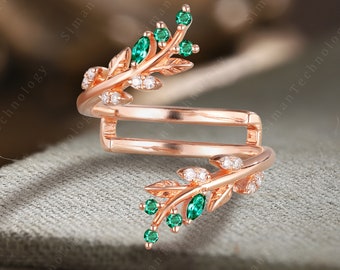 Unique Nature Inspired Leaf Emerald Wedding Band Rose Gold Marquise Moissanite Bridal Ring Delicate Open twig Ring Anniversary Promise Ring