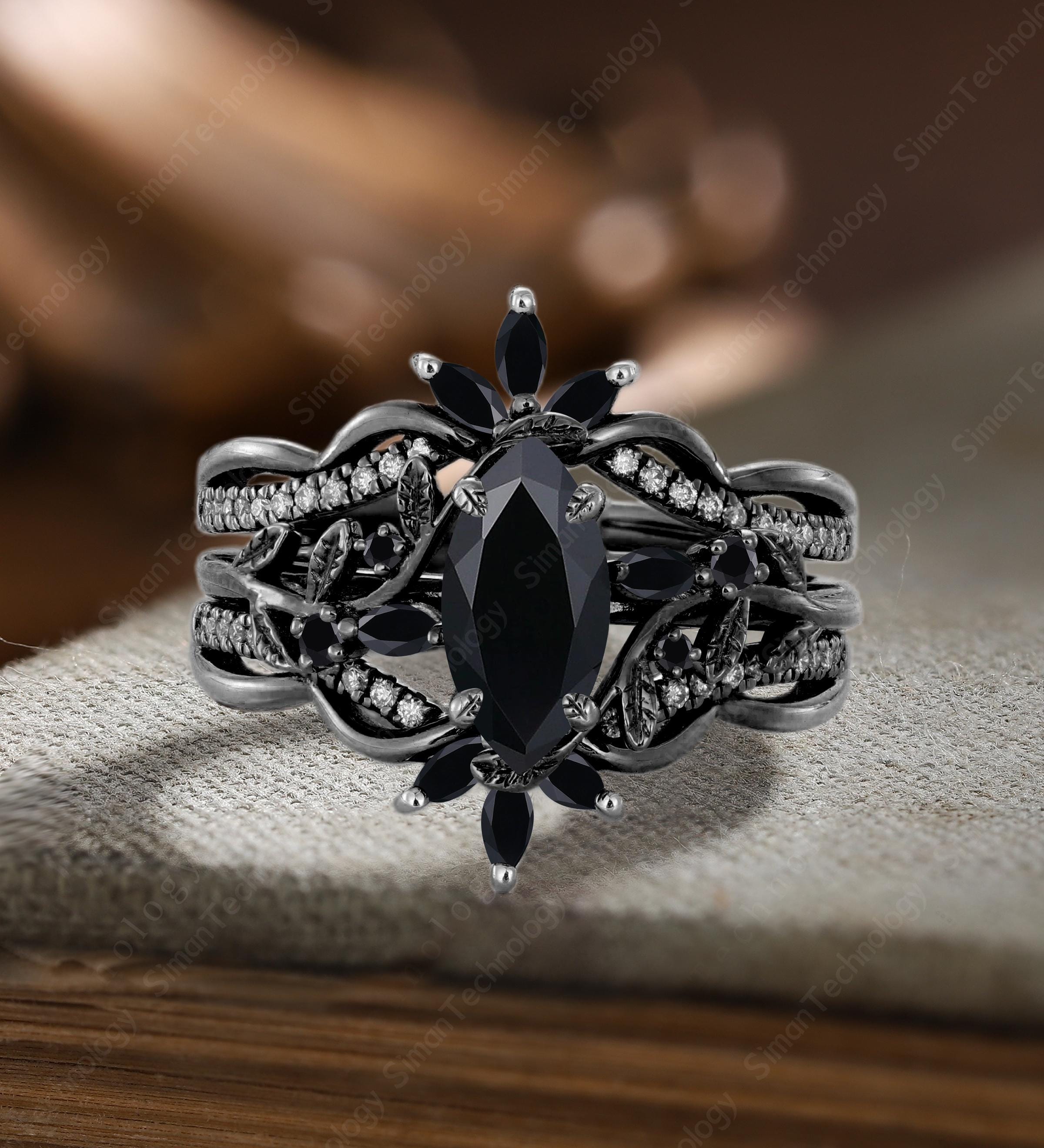 Gothic Marquise Cut Black Onyx Engagement Ring Set Solid 14K Black