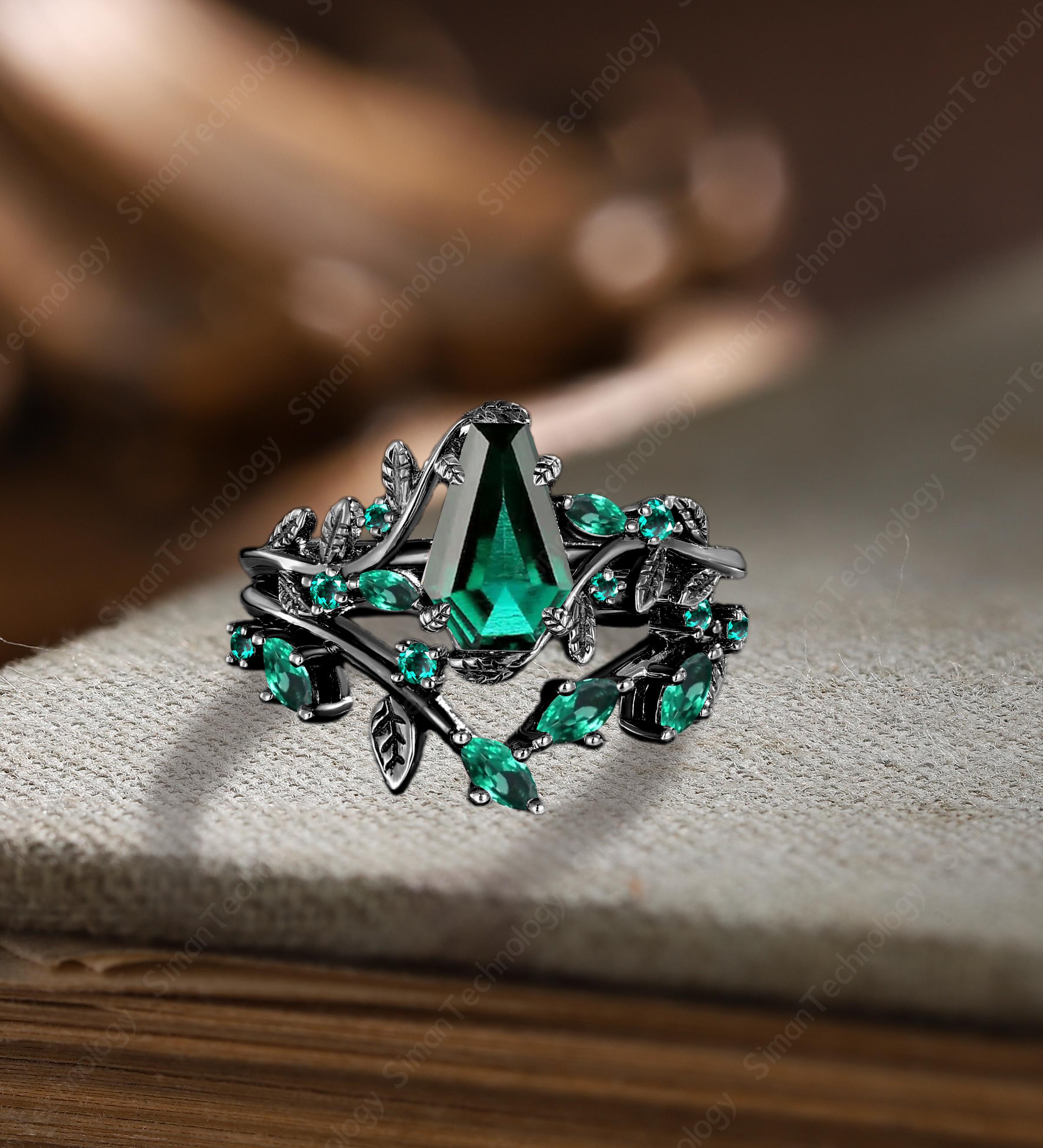 Antique coffin cut emerald engagement ring set Gothic 14k black gold twist may birthstone propose ring Leaf twig enhance curved wedding band