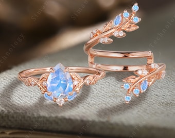 Unique Pear Cut Moonstone Engagement Ring 10K/14K Rose gold Leaf Twig Enhance Stack Wedding Band Nature inspired Bridal Set Anniversary Gift
