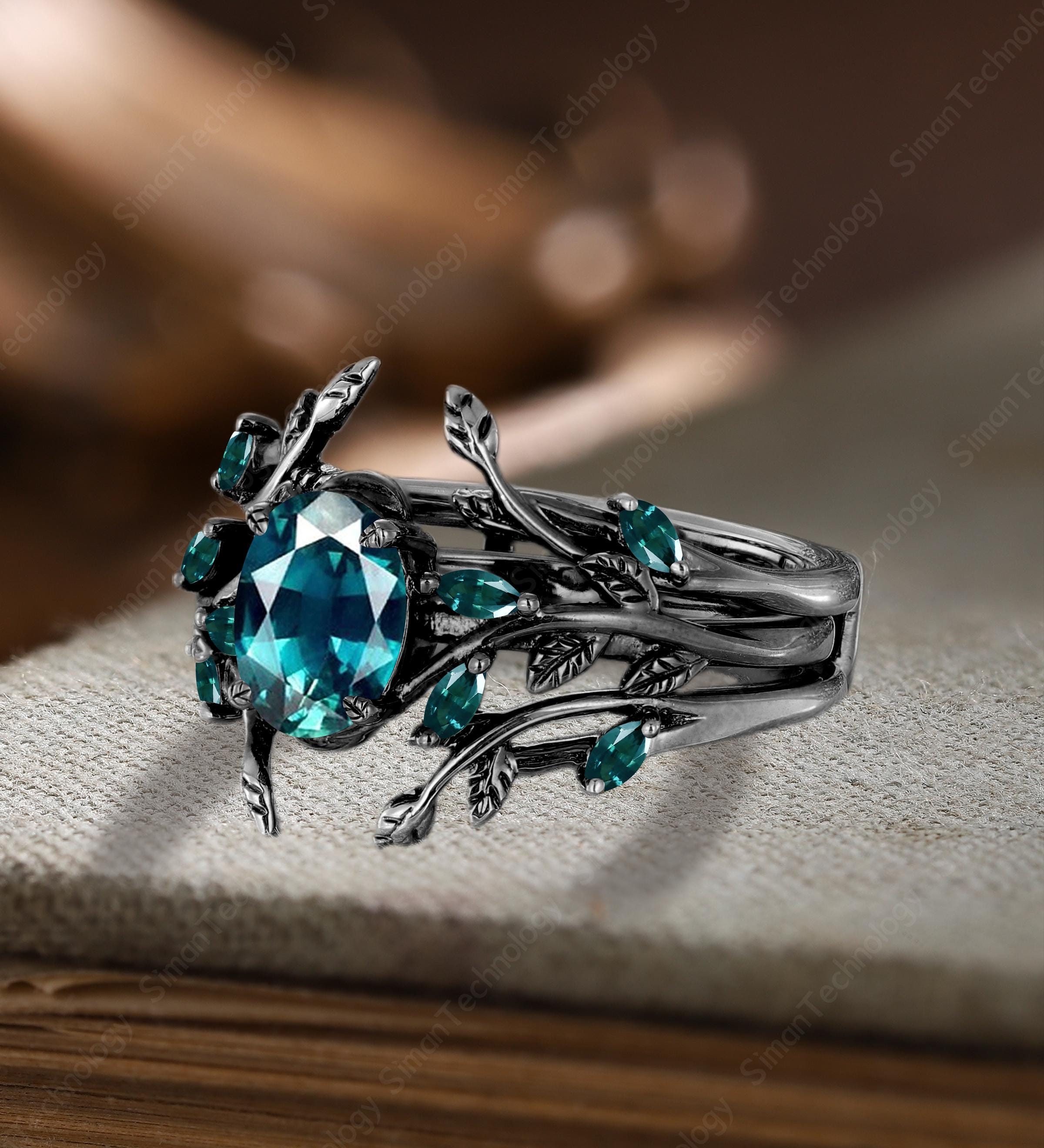 Antique Oval Shaped Teal Sapphire Engagement Ring Set Gothic 14k