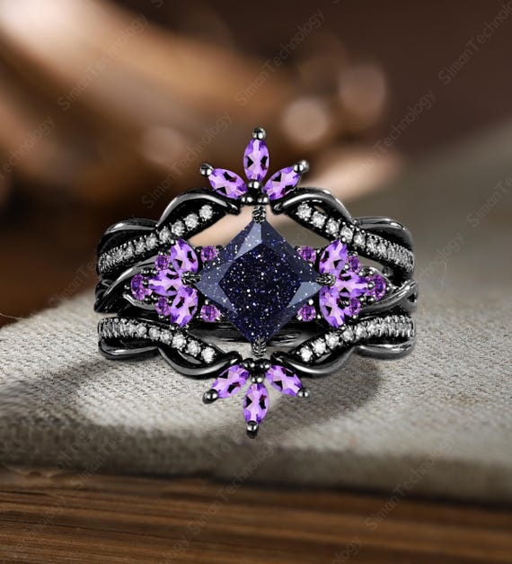 Princess Cut Sandstone Engagement Ring Antique Solid 14K Black
