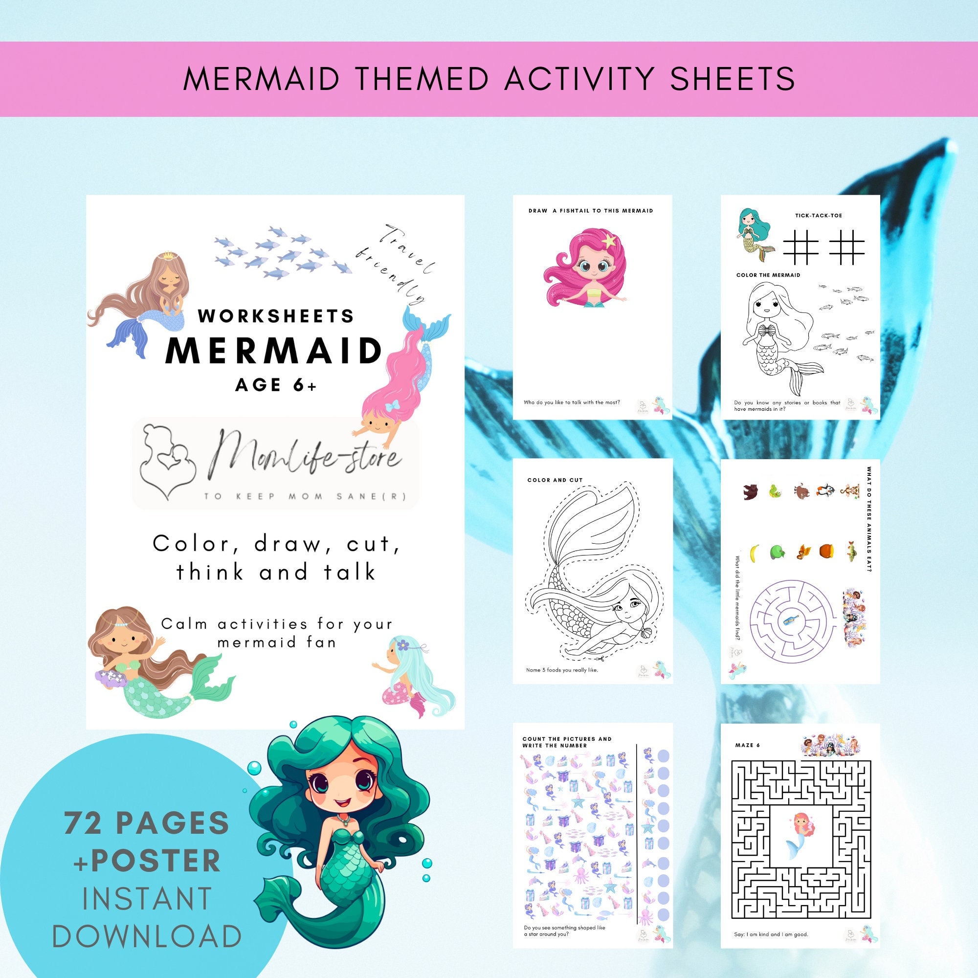 Mermaid Activity Sheets for Kids, Preschool Activities, Preschool