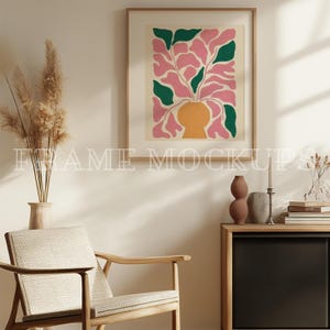 Wood Frame Mockup in Living Room, Vertical Boho Frame Mock-Up in Home Interior, Art Print Mockup, PSD Template Mockup