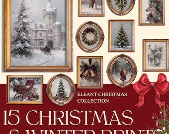 Neutral Christmas Gallery of 15 Prints - Timeless Holiday Decor Bundle, Vintage Art (Digital Download)