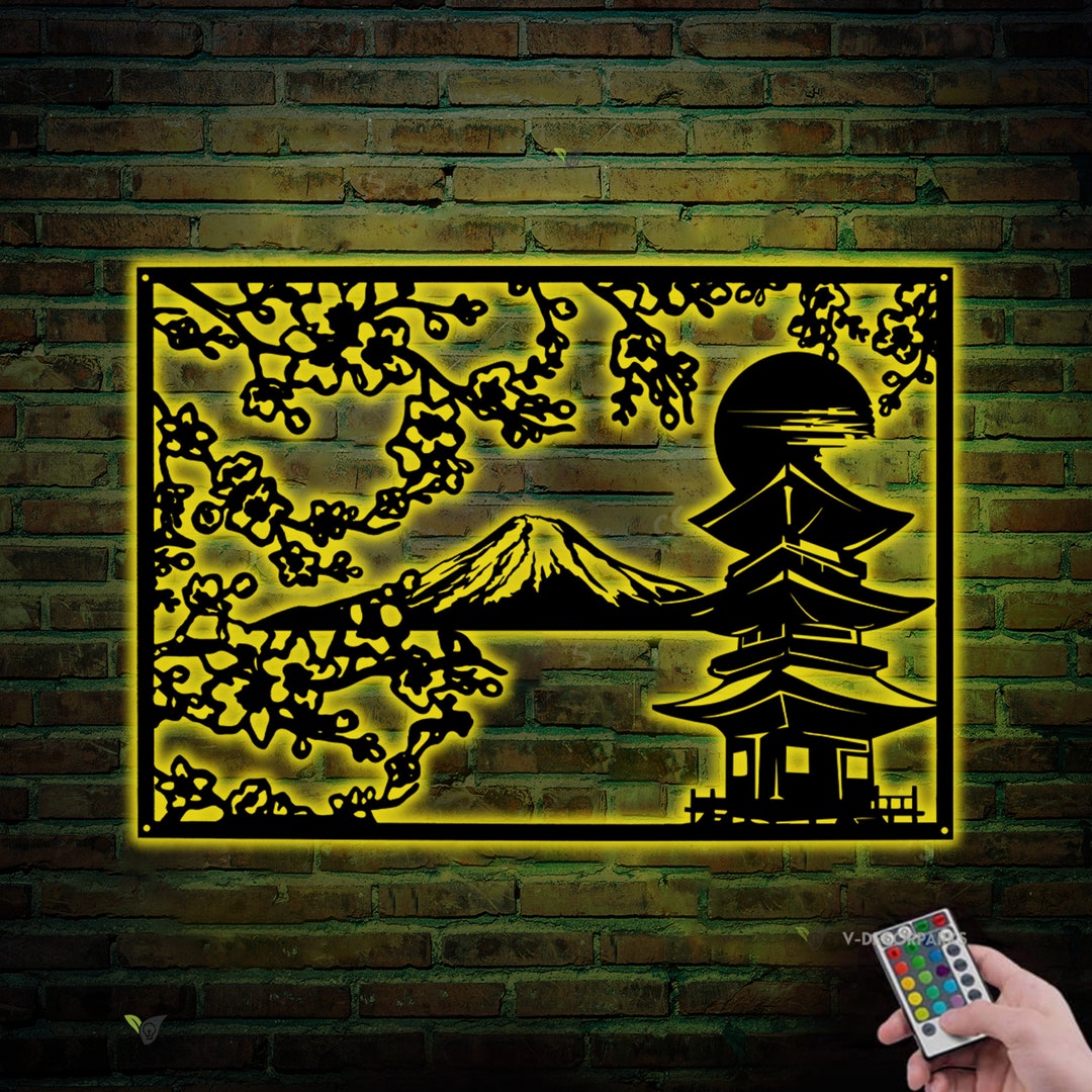 Japanese Metal Wall Art LED Light Cherry Blossom Metal Wall Etsy