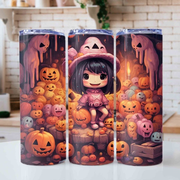 Cute Halloween Baby Girl And Pumpkin 20oz Skinny Tumbler Designs PNG - Digital Download