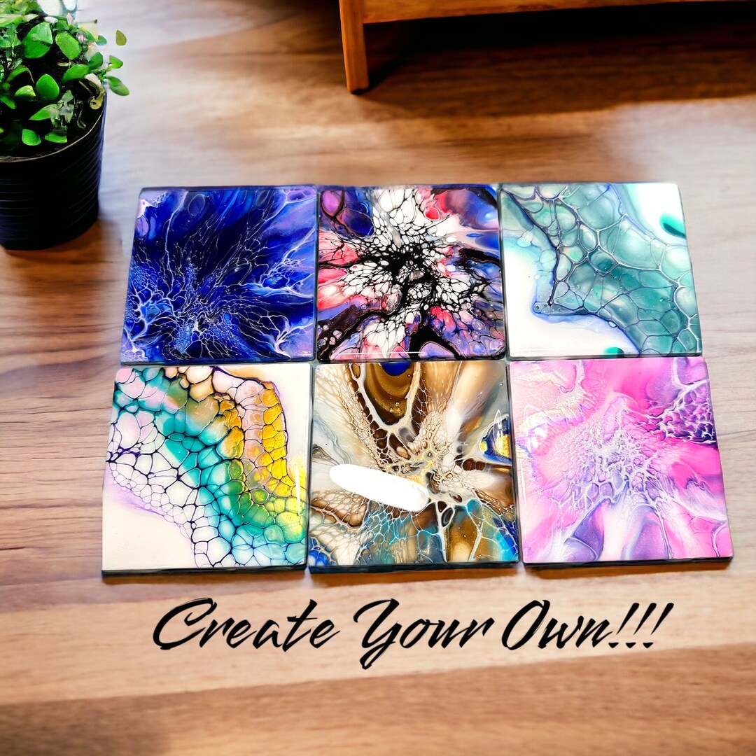 Customizable Fluid Art Coasters Finished With Resin, Acrylic Pour ...