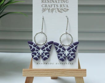 Butterfly Spiderweb Polymer Clay Earrings - Halloween Dangle Jewelry with Hypoallergenic Stainless Steel and Acrylic Options