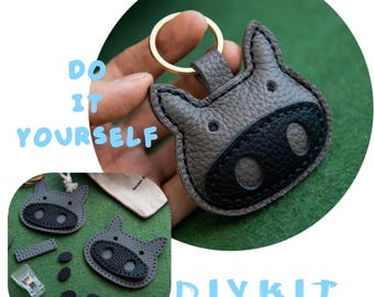 Kit de llavero de cerdo de cuero DIY: dije para bolso personalizado y hecho a mano