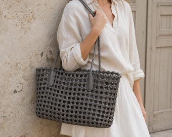 Bolso cesta de cuero tejido a mano, bolso tote de mercado francés, bolso de hombro tejido hueco con bolsillo interior