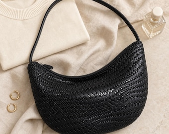 Bolso de hombro de cuero trenzado, monedero con forma de media luna, bolso de hombro holgado de piel de oveja trenzada suave.