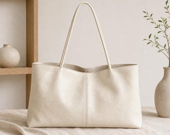 Bolso tote holgado de piel, bolso de hombro grande, bandolera minimalista de piel de oveja suave para uso diario.