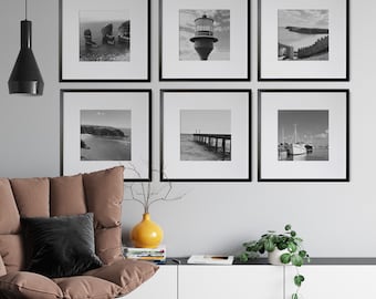 Black and White Beach Photography Gallery Wall. Set of 6 Original Photos (Digital Download)