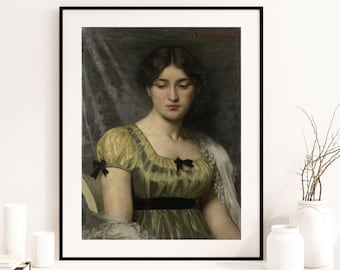 May include: A painting of a woman in a green and yellow striped dress with black bows. She is looking down and has a serious expression on her face. The painting is signed "H. Wanderer 1842".