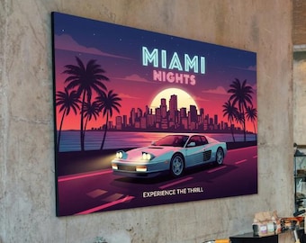 Miami Nights Retro Car Poster: 80s Synthwave Art Print