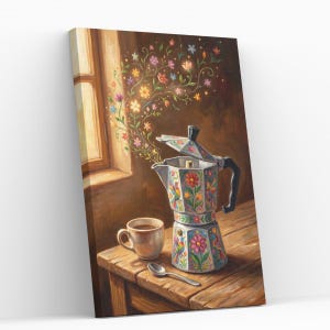 May include: A colorful painting of a coffee pot with floral designs, a cup of coffee, and a spoon on a wooden table. The coffee pot is open, with a floral steam rising. The painting has a warm, inviting feel.
