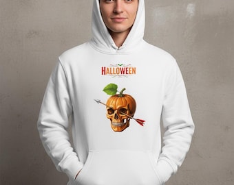Peut inclure: Sweat à capuche blanc avec un motif d'Halloween. Le motif représente une citrouille en forme de crâne percée d'une flèche, avec le mot "HALLOWEEN" au-dessus. Le design utilise des couleurs orange, marron et rouge.