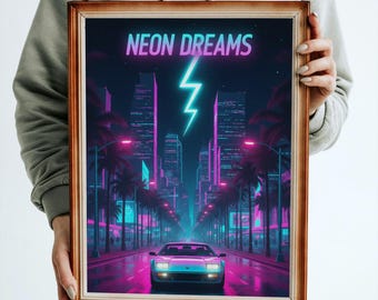 Neon Dreams Synthwave-affisch, retro 80-tals cyberpunkkonst