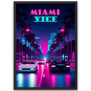 Miami Vice Neon Street Poster: 80s Synthwave Car Print - 24x36 Rolled Print