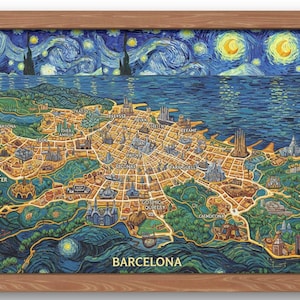 Starry Night Barcelona Map Print: Van Gogh Style Spanish Art (24x36 Rolled Print