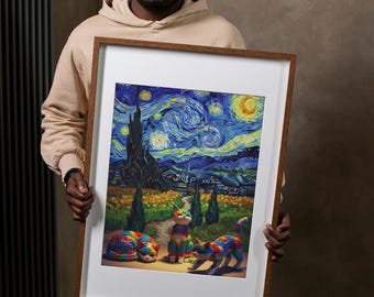 Van Gogh Starry Night Cats Art Print | Celestial Feline Impressionism