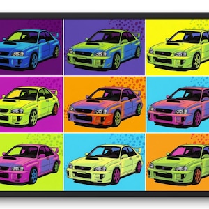 May include: Pop art style print of nine colorful cars in a grid. Each car is a different color, including blue, green, yellow, orange, and pink. The cars are set against a background of bright colors, such as yellow, orange, and blue.