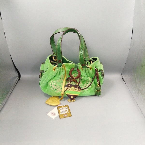 BNWT VTG Juicy Couture Green Towelling Y2K Brown Leather Handbag Bag RARE