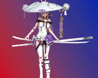 May include: A white and purple anime character with long white hair, wearing a white and purple outfit, a white hat with horns, and holding two swords. The character is standing on a red and blue background.