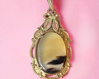 Vintage Antique 1940s Rare Black Hills Montana Gold 12k Moss Agate Pendant Necklace Art Nouveau Jewelry