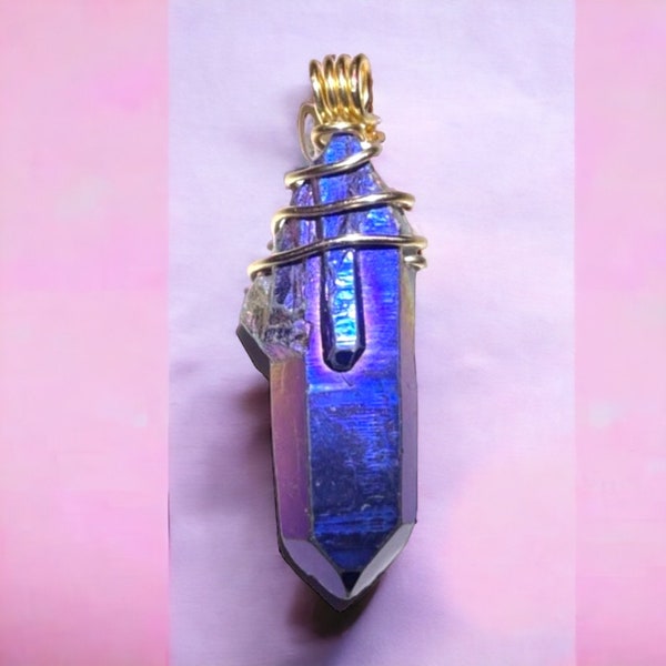 High Quality Authentic Titanium Electroplated Quartz Crystal Gemstone Pendant Silver Wire Wrapped