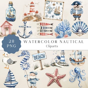 Clipart nautique aquarelle, graphiques nautiques PNG, collection de voile de plage côtière, décoration océan, coquillages, phare, boussole
