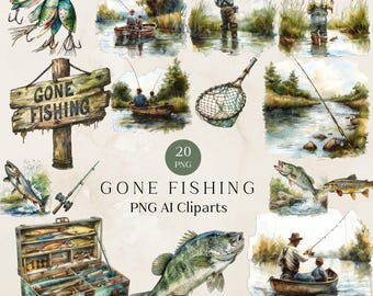 Watercolor Fishing Clipart Bundle, Transparent PNG Graphics (Digital Download)