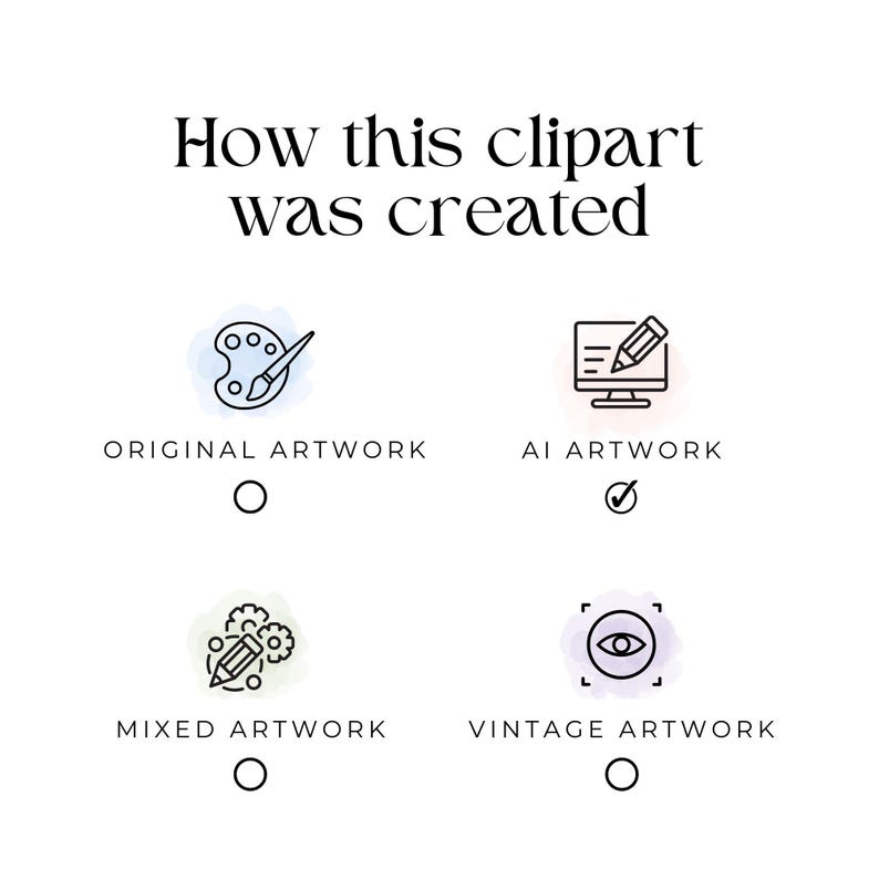May include: A graphic with four icons representing different ways to create clipart. The first icon is a paintbrush and palette, representing original artwork. The second icon is a computer screen with a pencil, representing AI artwork. The third icon is a pencil and gears, representing mixed artwork. The fourth icon is an eye inside a square, representing vintage artwork. The icons are checked or unchecked to indicate the type of artwork.