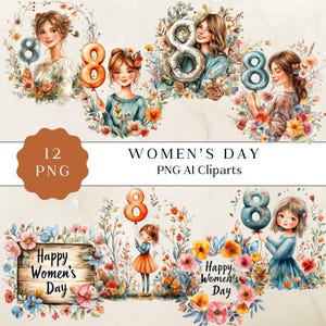 Women's Day aquarel clipart, 8 maart aquarel clipart, Women's Day digitale kunst, 8 maart aquarel ontwerpen, afdrukbaar png-kunstwerk