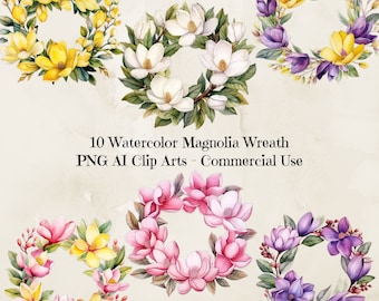 Watercolor Magnolia Wreath Clipart, Magnolia Clipart, Wedding Clipart, White Flowers, Wedding Invitation, Digital Download, Commercial Use